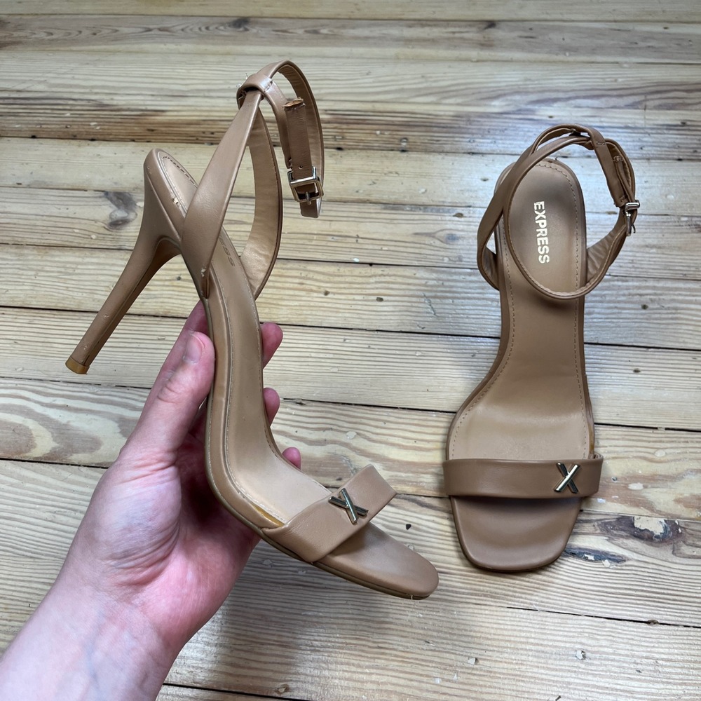 Express Tan Ankle Strap Stiletto Heels Square Toe‎ neutral Sandals Womens 10